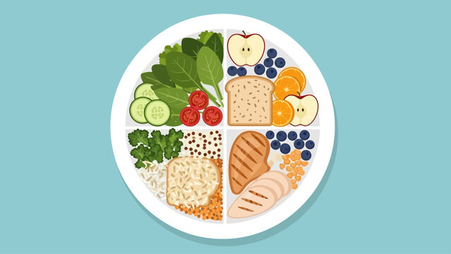 Colorful plate illustration showing balanced portions of vegetables, grains, and proteins arranged in a modern editorial style