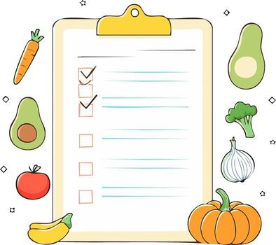 Illustrated grocery checklist with checked items, surrounded by fresh produce icons in a clean editorial layout
