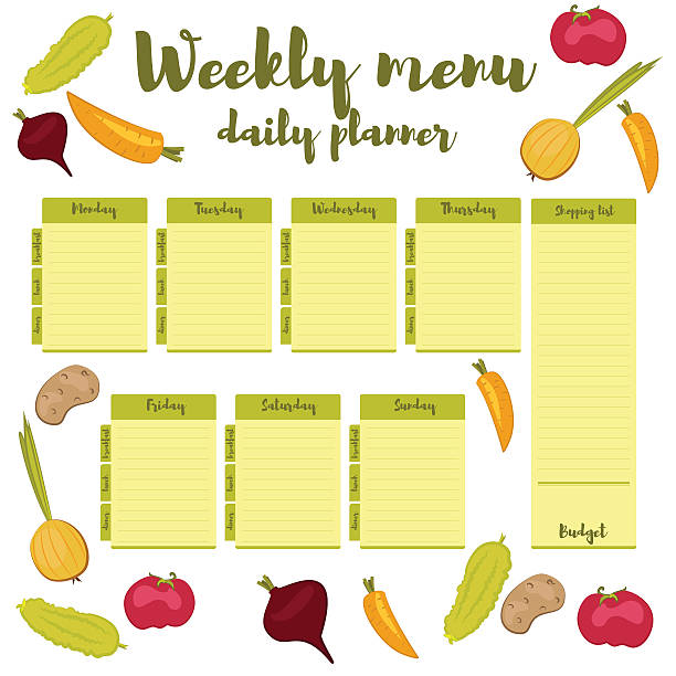 Weekly meal planning cards showing six days of structured meals with color-coded categories in a modern grid layout